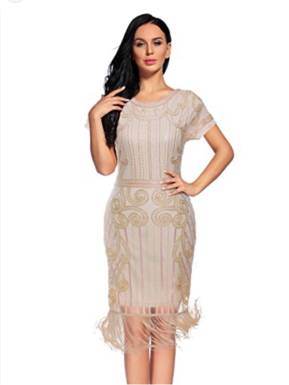 Gold Beaded Fringe Sheath Dress - Elegant Women's Evening Flapper Dress